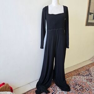 PopFlex Sz L Limitless Black Jumpsuit Long Sleeve Square Neck Wide Leg Women's L